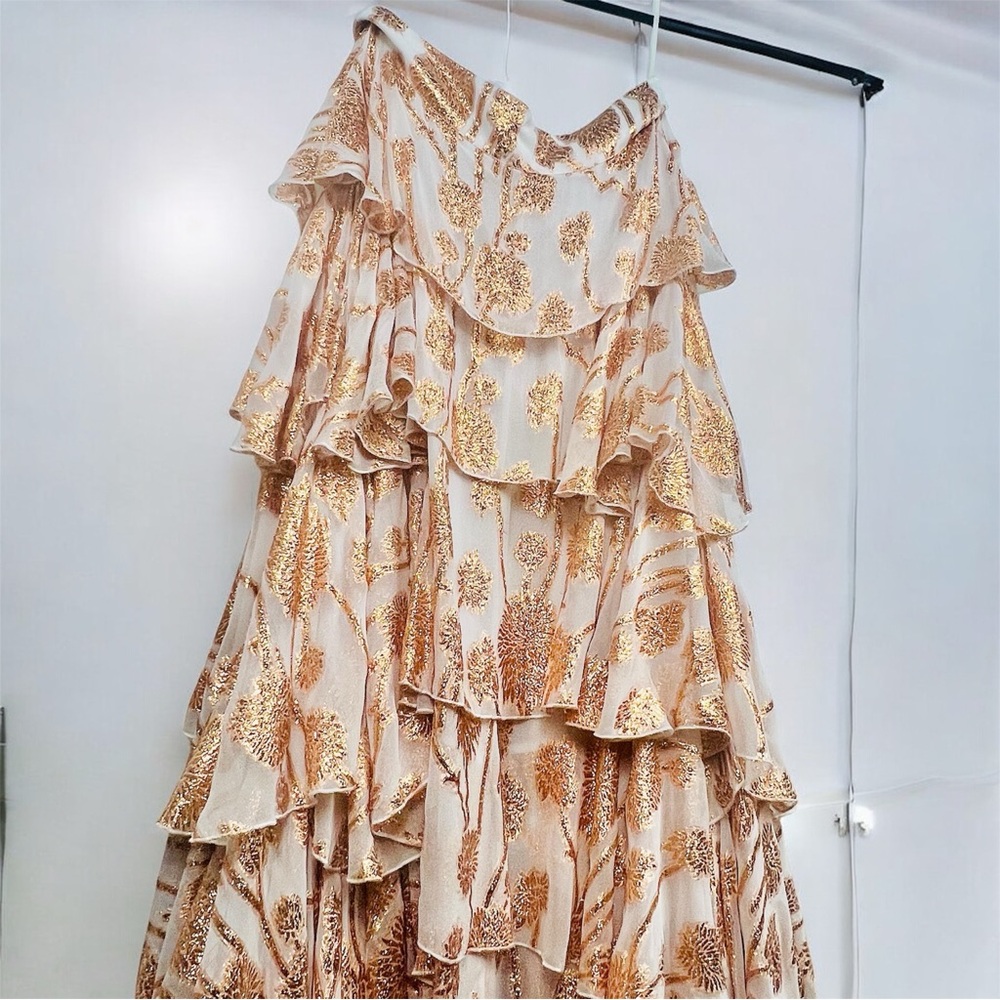 Alexandra Miro Cordelia Tiered Ruffle Maxi Skirt Gold Metallic Floral Large L - Picture 6 of 14
